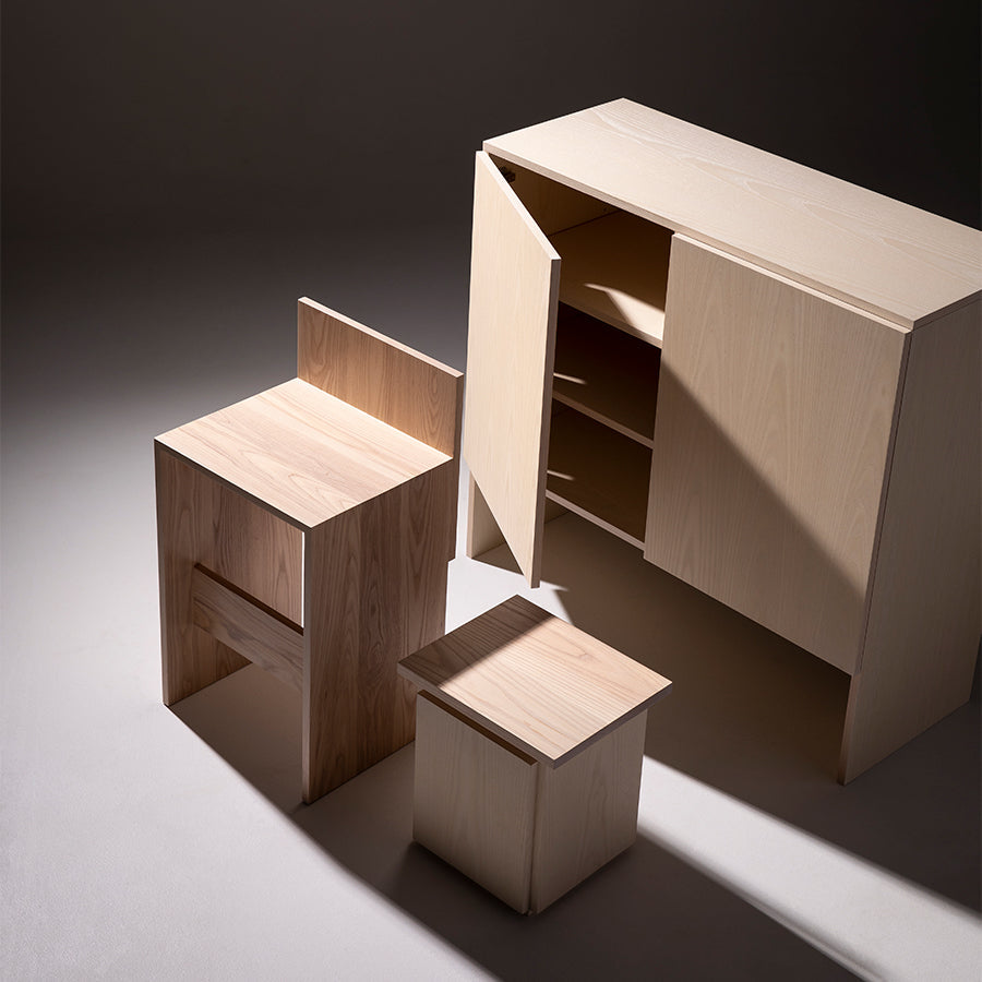 minimalist end table, chair and storage cabinet