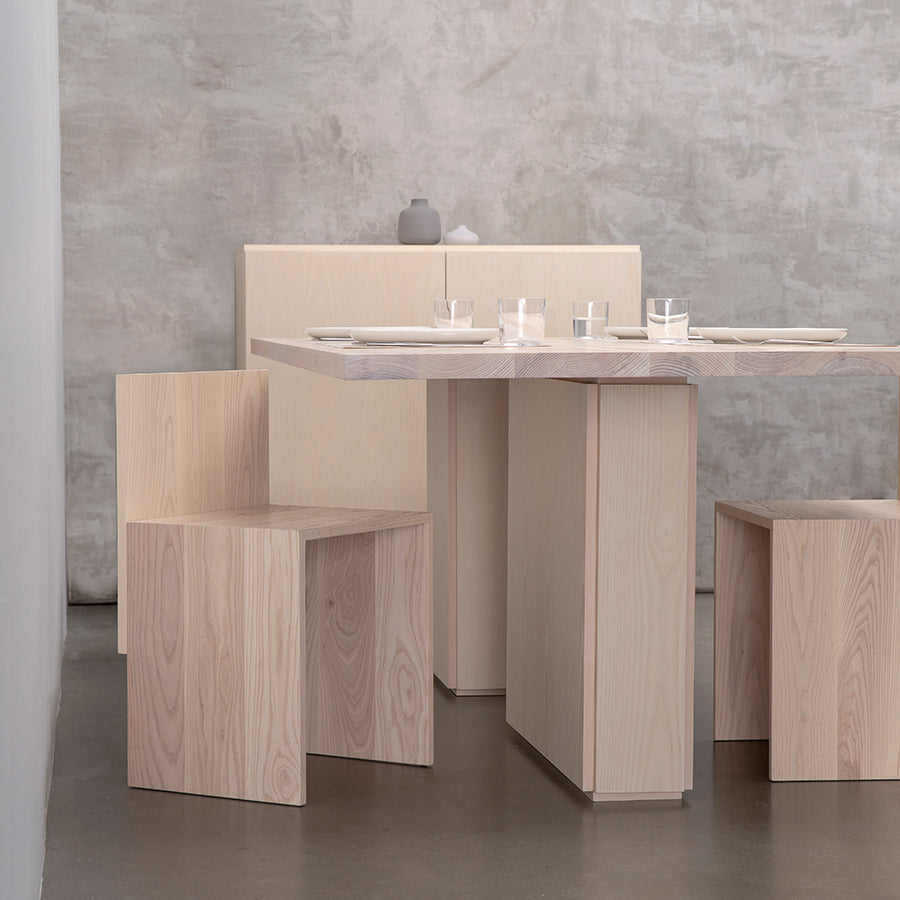 minimalist dining table, chairs and storage cabinet